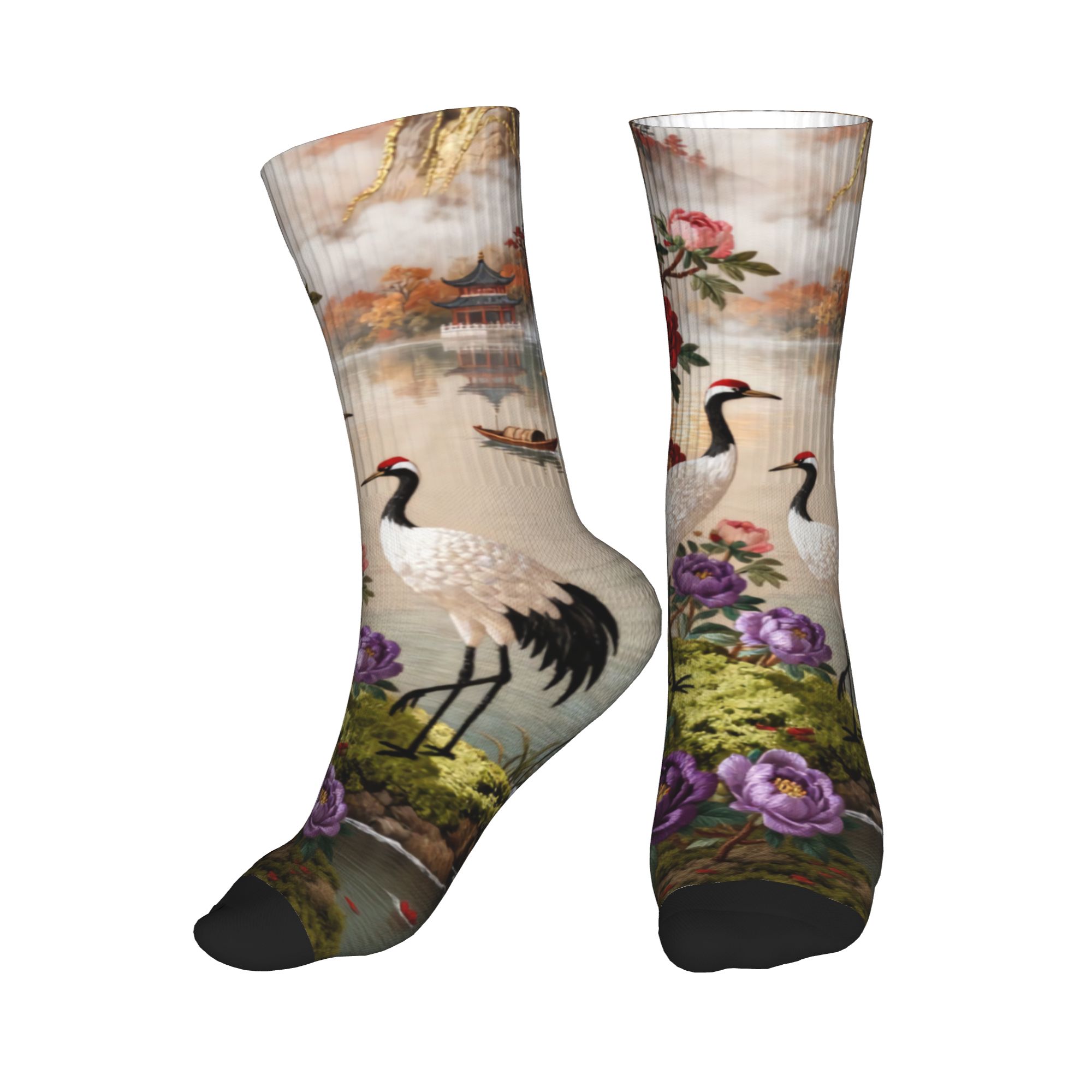 Embroidery Print - Funny Printing Embroidery Four Crane Peony