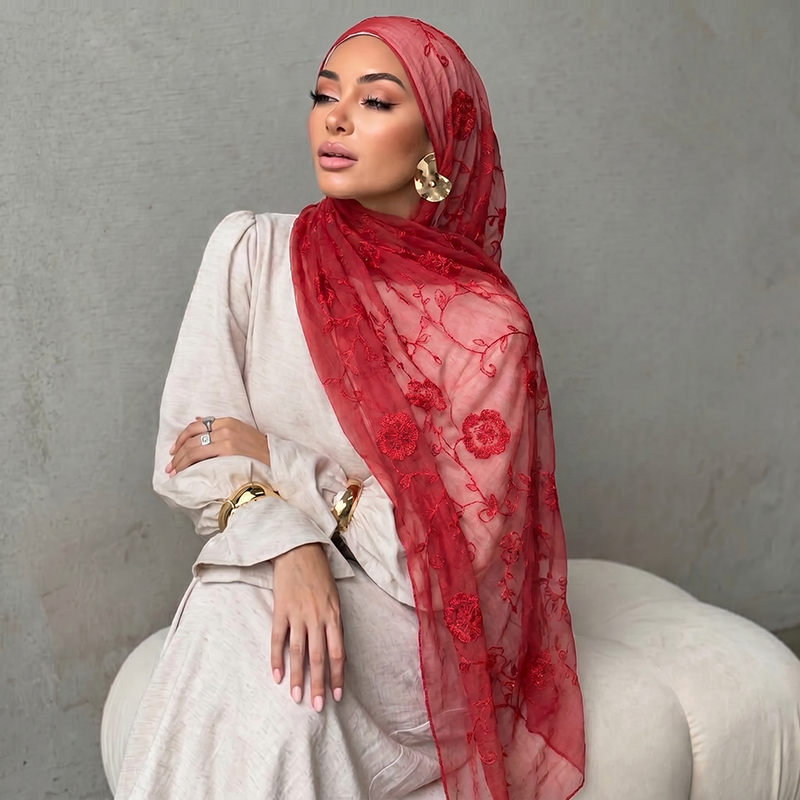 Embroidery Print - Floral Embroidery Muslim Hijab Sheer Scarf