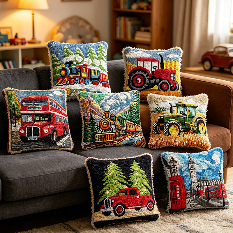Printed Embroidery Kit - Vintage Hook Pillow Kit Steam Train